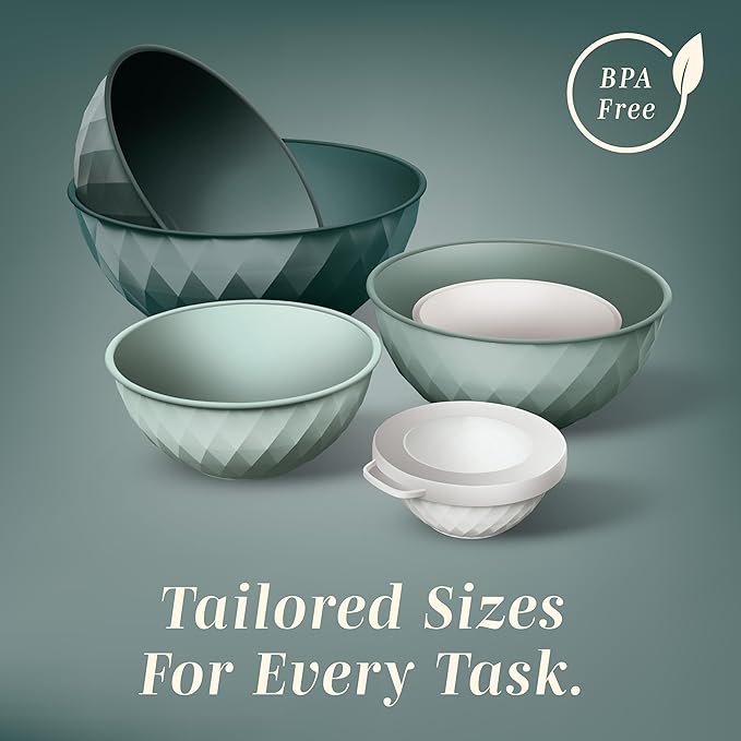 COOK WITH COLOR Mixing Bowls with Lids - 12 Piece Plastic Nesting Bowls Set includes 6 Prep Bowls and 6 Lids, Diamond Design - Microwave Safe (Mint)