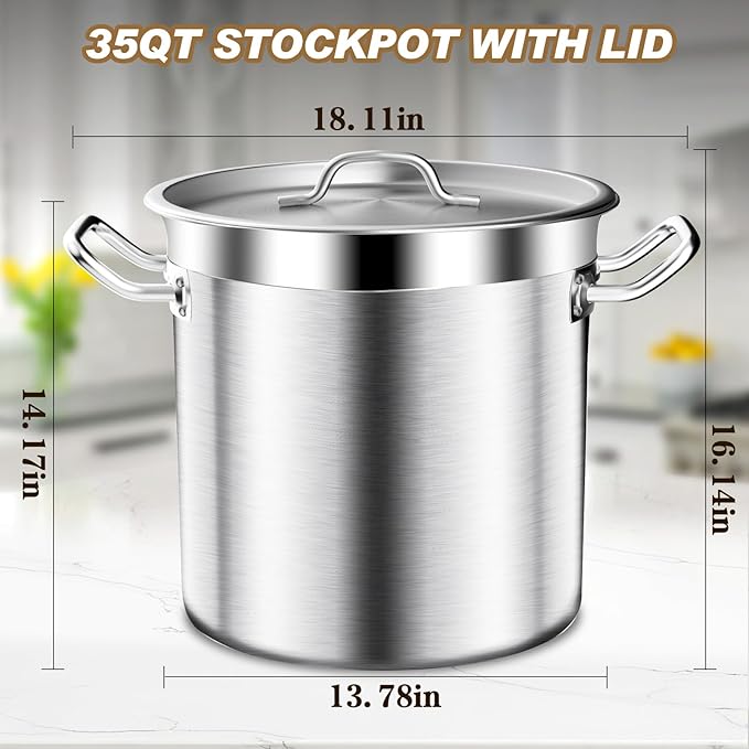 Large Stock Pot - 35Qt Brushed Stainless Steel Stock Pot With Lid - Heavy Duty Induction Commercial Grade Stockpots for Soup, Stew, Oven, Gas, Ceramic, and Dishwasher Safe
