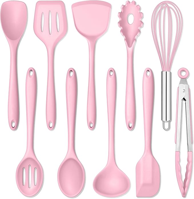 E-far Pink Silicone Cooking Utensils Set, 10-Piece Kitchen Utensil Set for Nonstick Cookware, Silicone Kitchen Tools with Spatula Turner Spoon Tongs Whisk, Heat Resistant & Non-Toxic, Dishwasher Safe