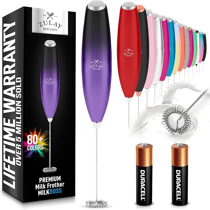 Zulay Kitchen Milk Frother Handheld Electric Whisk with AA Duracell Batteries – Durable Drink Mixer for Coffee, Lattes, Cappuccinos & More - Galaxy