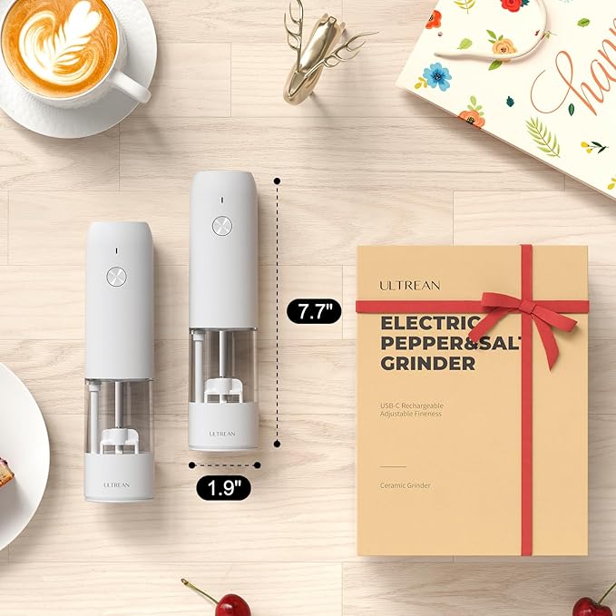 Ultrean Pepper Grinder, Rechargeable Salt and Pepper Grinder with 6 Adjustable Coarseness, LED Light, One-Hand Automatic Operation, White