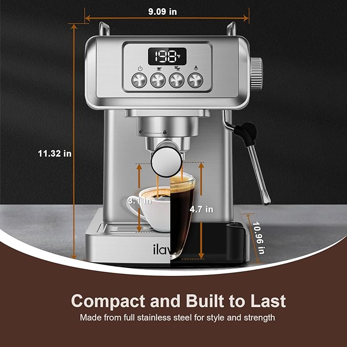 Espresso Machine 20 Bar, Espresso Maker with Steam Milk Frother,Espresso Coffee Machine with 60oz Removable Water Tank for Lattle, Cappuccino, Stainless Steel