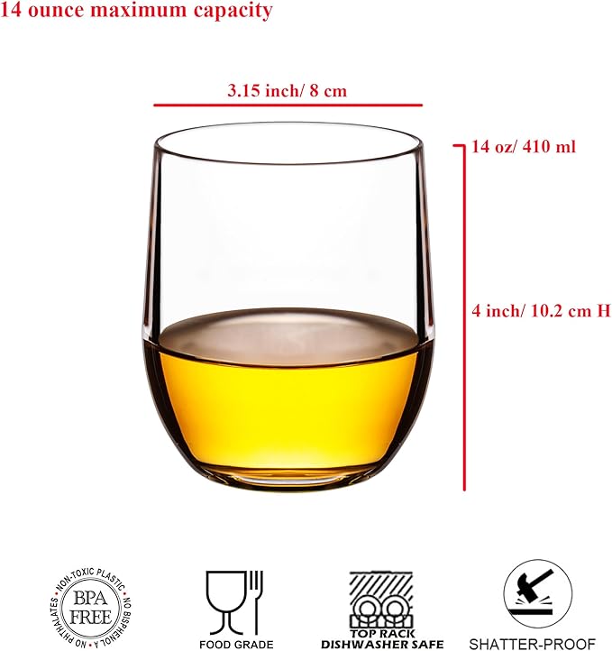 14-ounce Plastic Stemless Wine Glasses, All Purpose Arcylic Glasses, set of 12 Clear Reusable Shatter-resistant Dishwasher Safe