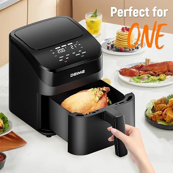 DEIME Air Fryer 4.5 Qt, Small Airfryer Digital Space Saving Compact, Bake, Reheat, Roasts for Quick Easy Meals, Mini Compact & Quiet, Nonstick & Dishwasher Safe Basket with Toast Rack (Black)
