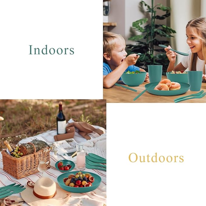 wheat straw bowls,plates,cups and cutlery sets 28 pcs - Dishwasher safe dish sets for kitchen, camping, indoors and outdoors.Green