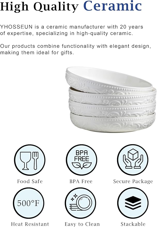 YHOSSEUN 9.75" Pasta Bowls Set of 4, 50 OZ Large Salad Bowl Pasta Plates, Ceramic Serving Bowl Plate White Soup Bowls, Embossed Morning Glory