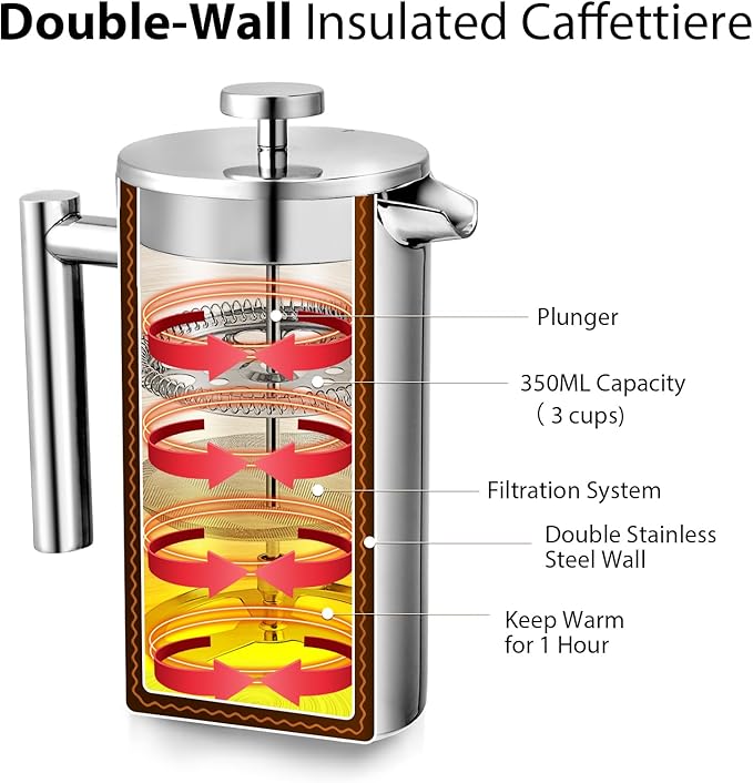 12oz French Press Coffee Maker, 350ml Stainless Steel Double Insulated Cafetiere 3 Cup Espresso Coffee Press, Portable Coffee Plunger Pot for Home, Office, Camping