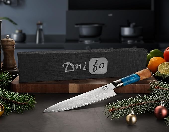 Chef Knife 8 Inch, Damascus VG-10 Steel Sharp Japanese Kitchen Knife with Gift Box and Resin Wood Handle, Ideal Birthday Gift for Men and Women