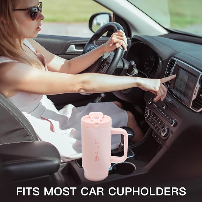 100% Leakproof 40 oz Tumbler with Handle & 4-in-1 SipSwig Lid, Built-In Flip Straw & External Stainless Steel Straw, Insulated Stainless Steel Cup, BPA-Free, Pink
