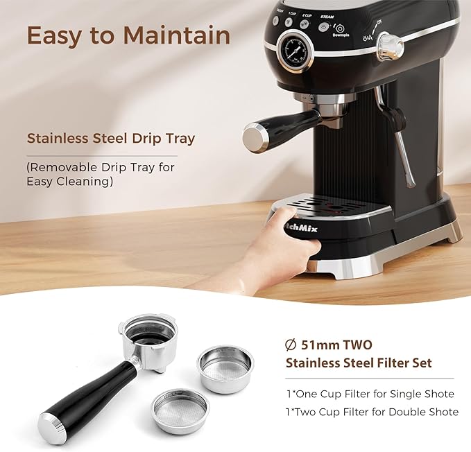 Expressions 20 Bar Espresso Machine with Milk Frother, Coffee Maker for Latte and Cappuccino, Removable Water Tank (Glossy drak)