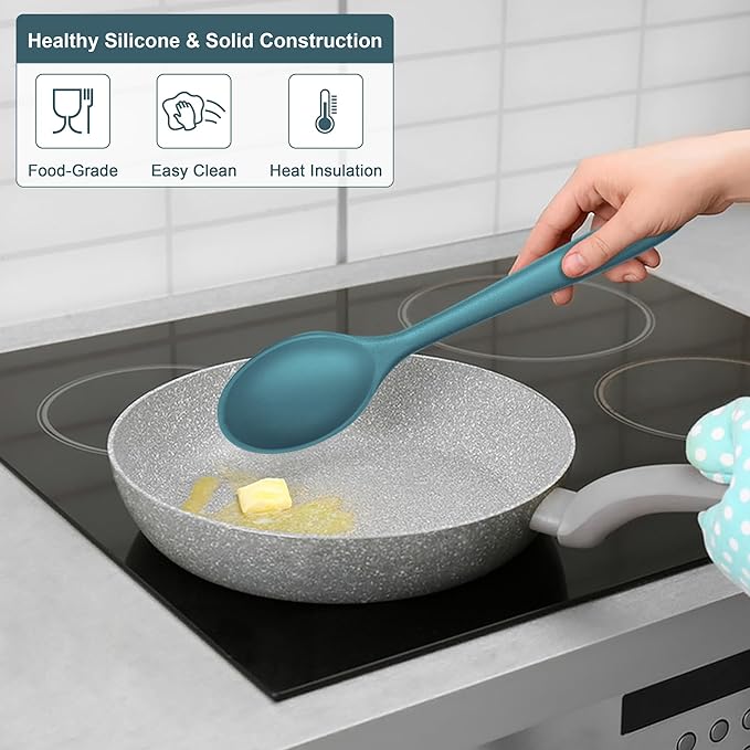 E-far Silicone Cooking Spoon Set of 2, Heat Resistant Kitchen Spoons Utensils Nonstick Mixing Spoon for Baking Stirring Serving, Non-Toxic & Dishwasher Safe (Blue)