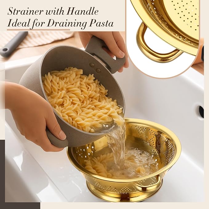 4 Pcs Gold Kitchen Accessories Includes Stainless Steel Colander and 3 Pcs Gold Fine Mesh Strainer Essential Kitchen Colander Strainers with Handles, Easy Clean and Dishwasher Safe(3.7 Qt)