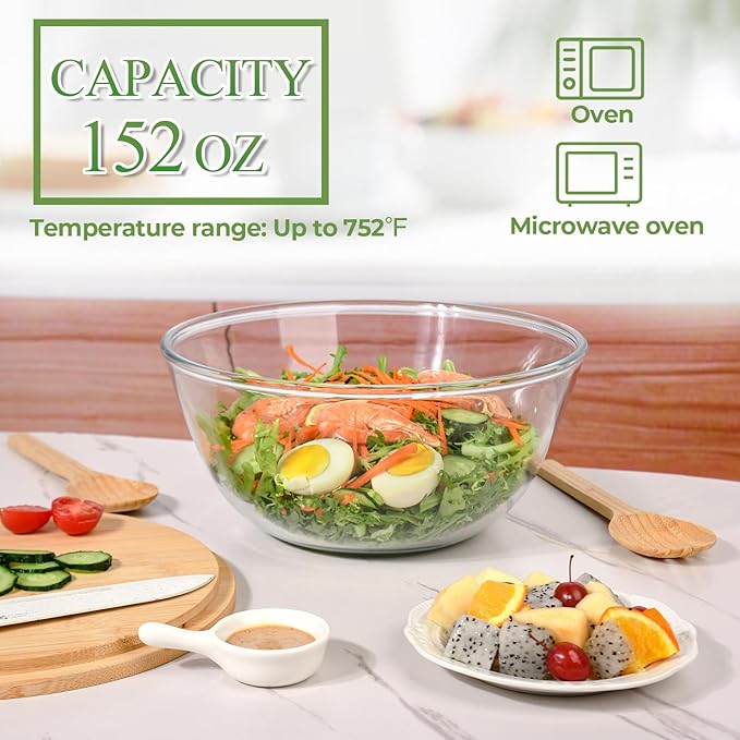 GEHE Glass Salad Bowl with Lid, 10.6Inch Large Trifle Bowl Glass Fruit Bowl, 4.7 Quart Large Capacity Serving Bowls for Salad, Pasta, Fruit, Dessert Display Cake, Microwave Safe