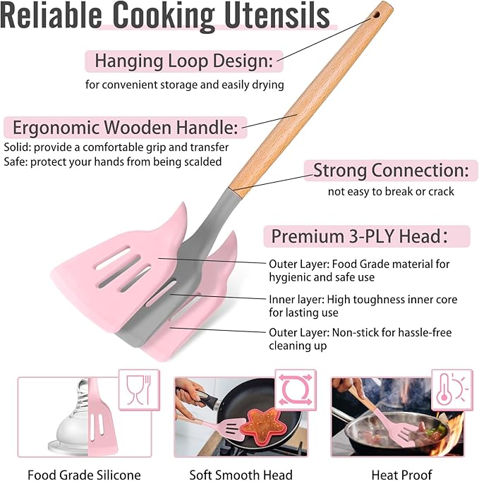 P&P CHEF Silicone Cooking Utensils Set, 8-Piece Kitchen Cooking Utensil with Wooden Handle, Silicone Spatula for Nonstick Cookware, Heat-proof & Easy Clean, Pink