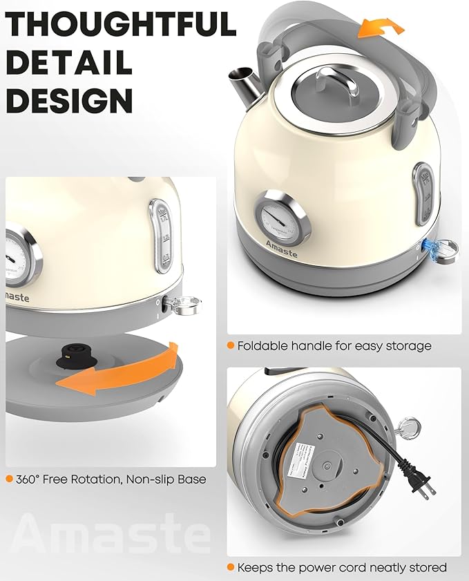 Amaste Electric Kettle, Retro Electric Tea Kettle With Thermometer, 57 Oz Hot Water Kettle For Coffee & Tea, 304 Stainless Steel, 1500w Fast Boiling, Auto Shut-Off & Boil Dry Protection, Cream White
