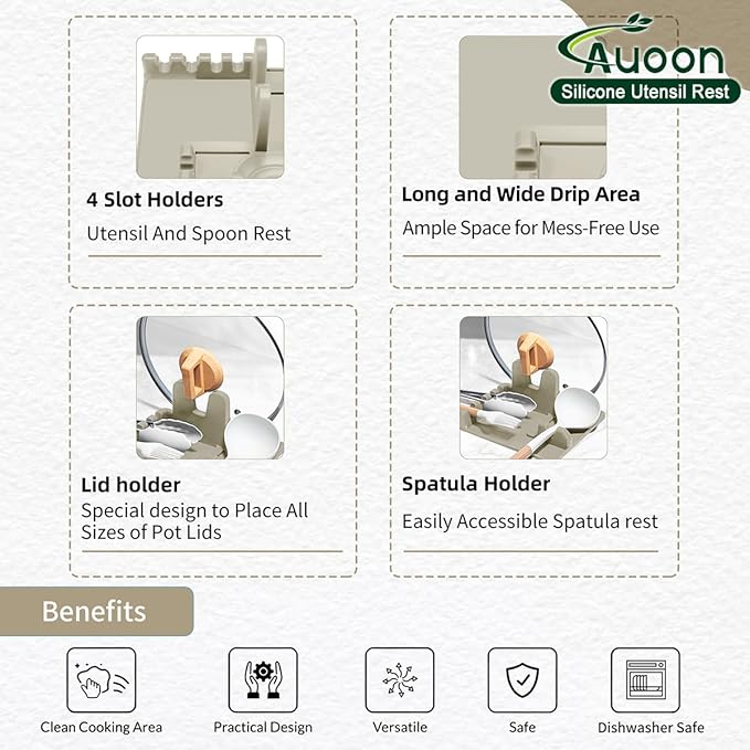 AUOON Spoon Holder for Stove - Silicone Spoon and Lid Rest with Drip Pad Kitchen Utensil Rest for Spoons, Ladles, Spatulas, Tongs & More (Milk Shake, Large)