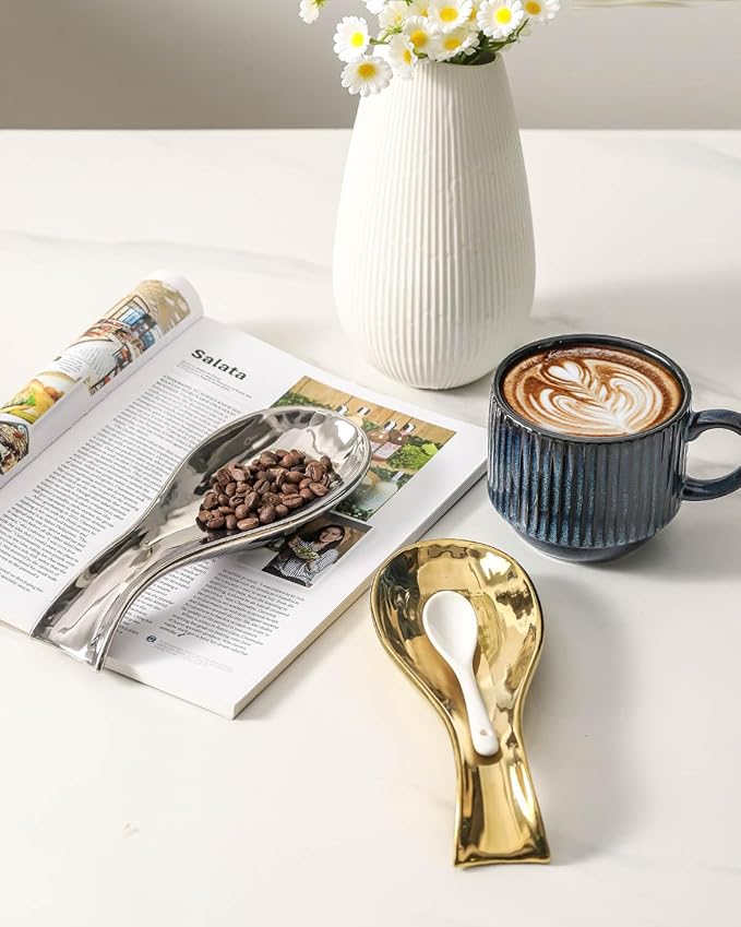 Hasense Ceramic Spoon Rest Set of 2 for Stove Top, Porcelain Spoon Holder for Kitchen Counter Cooking Utensil Home Decor, Kitchen Spatula Holders for Spoons, Ladles and Tongs, Gold and Silver