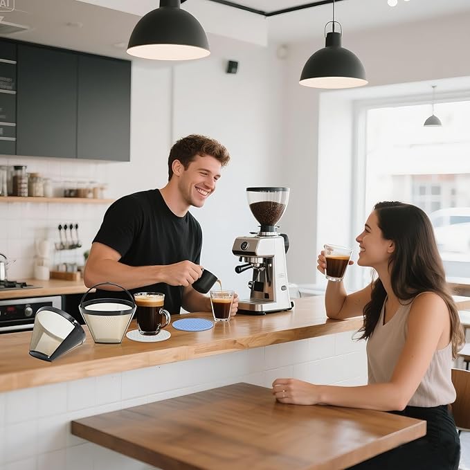 2pcs Reusable Cone Coffee Filters for Cuisinart Coffee Makers+ 4 Silicone Coasters,Compatible Ninja coffee filter, 10-12 Cup, #4 Style Gold coffee filter basket