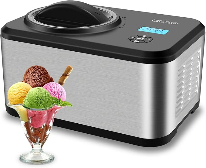 KUMIO 1.6-Quart Ice Cream Maker with Compressor, No Pre-Freezing, 4 Modes Ice Cream Maker Machine with LCD Display, Timer, Automatic Gelato & Yogurt Machine, Stainless Steel