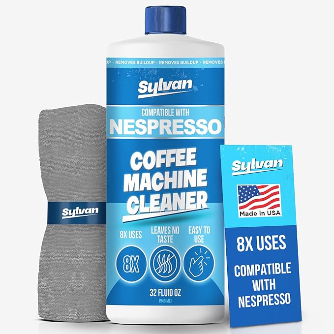 Descaling Solution Compatible with Nespresso Vertuo | Free Cleaning Cloth | 12 Month Supply | Made in the USA | Descaling Kit for all Nespresso Machines | 32 Oz | Coffee Machine Cleaner and Descaler
