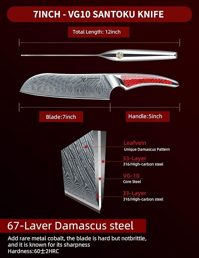 7 inch Santoku Knife, Japanese VG-10 Damascus Steel Chef Knife, Ultra Sharp Kitchen Knife with Full-tang Handle in Red Resin, LA-S9 Series