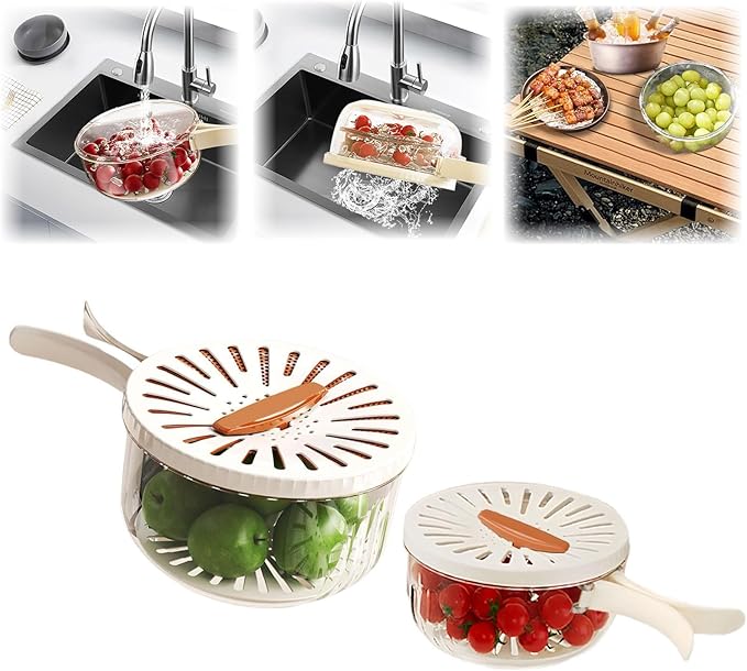 2 Pcs MultiPurpose Fruit Strainer Drain Basket with Lid & Collapsible Handle,2.85QT+1QT 2 in 1 Draining and Preservation Basket, Fruit Cleaner Bowl for Fridge Freshness and Outdoor Picnics
