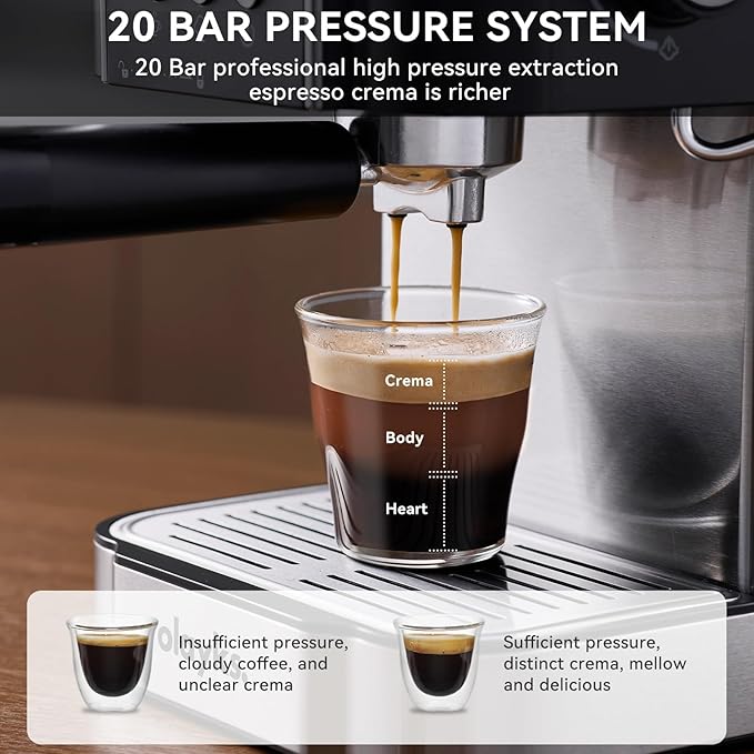 Espresso Machine 20 Bar, Professtional Espresso Coffee Maker with Milk Frother Steam Wand for Latte, Cappuccino, Espresso Maker with 1.8L Removable Water Tank, Gift for Dad or Mom
