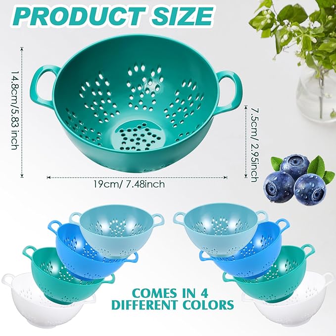 Baderke 4 Pack Mini Colander for Kitchen Plastic Berry Strainer with Double Handles 7.5 x 6 x 3 Inch Small Colander Strainer for Fruits Vegetables Food(Light Blue, Army Green, White, Blue)