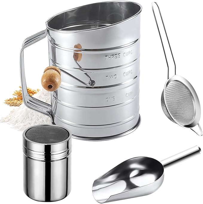 Flour Sifter,3 Cup with Scale Stainless Steel Flour Sifters,4 in 1 Baking Sifter Set with Powder Sugar Shaker Duster,Strainers Fine Mesh and Metal Scoop for Baking Cake,Pastries,Pies,Cupcakes,Desserts