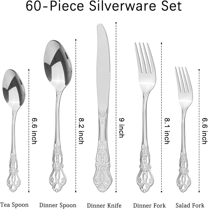 Retro Royal Silverware Set With Gift Box, 60-Pieces Cutlery Set Utensils Stainless Steel Flatware For 12 MIKIWAY Kitchen Tableware Set For Gifts Festive, Dishwasher Safe, Mirror Polishing