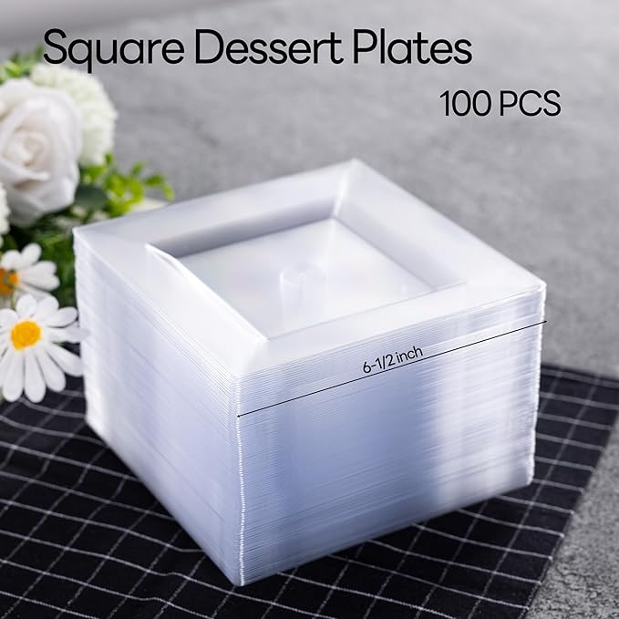 100 Pack Clear Plastic Square Dessert Plates, 6.5" Disposable Salad Plate Heavy Duty Plate for Party, Wedding, Christmas, Picnic
