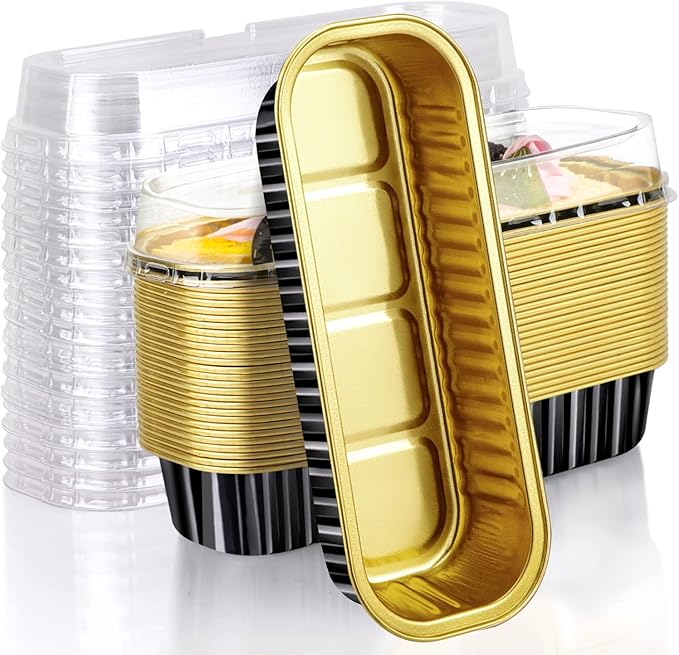EUSOAR Creme Brulee Ramekins, 25pcs 6.8oz 6.5"x2.5"x1.2" Aluminum Foil Mini Loaf Cake Baking Cups Pans Tin with Lids, Disposable Ramekins Cupcake Containers Wrappers, Dessert Cheesecake Pan Cups