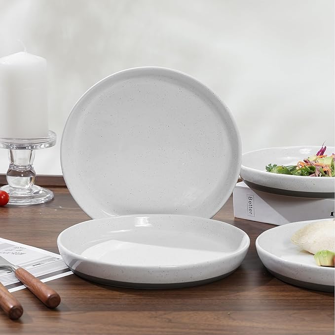 8-Inch Stoneware Dinner Plates - 4 Piece Ceramic Plates for Pasta, Salad, or Appetizers - Microwave and Dishwasher Safe, Plates Set for Casual Dining or Formal Gatherings,White(Grey Bottom)