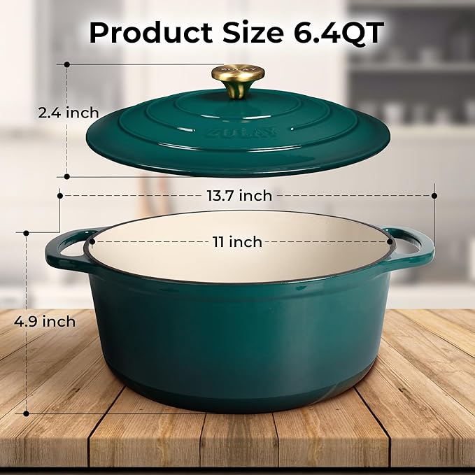 Zulay Kitchen 6 Quart Enameled Cast Iron Dutch Oven with Lid – Premium Durability & Oven Safe up to 500°F – Heavy Duty Cookware Perfect for Bread Baking, Stews, Braising & Roasting – Emerald