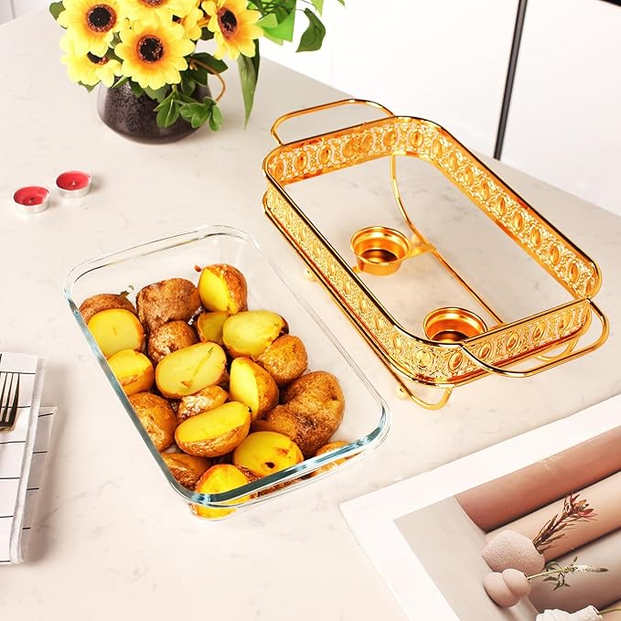 Casserole Dish 6" x 11" Glass Baking Dish with Stainless steel Lid and rack, Golden Rectangle 1.3 Qt Large Baking Pan For Casserole & Lasagna, Microwave Dishwasher Freezer Oven Safe