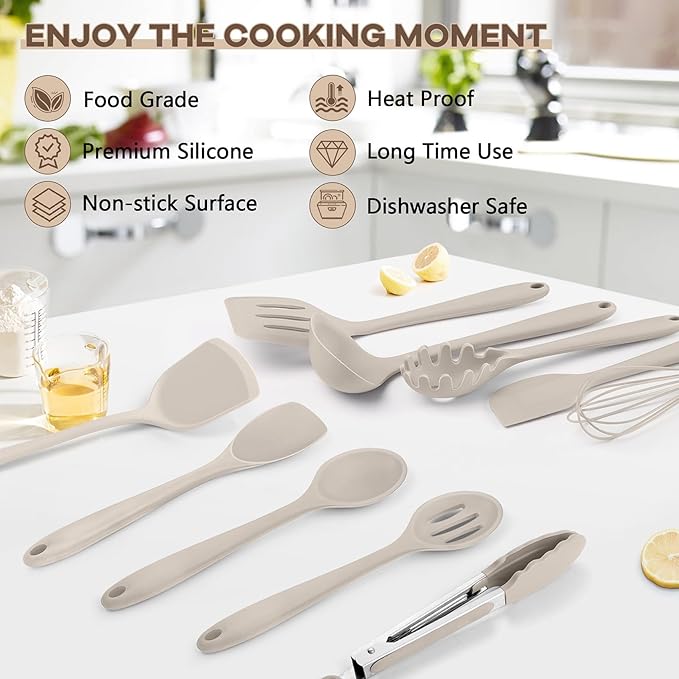 TeamFar Kitchen Cooking Utensils, 10 pcs Silicone Cooking Utensils Set, 446°F Heat Resistant Kitchen Gadgets Tools Set w/Spatula, Turners, Spoons, Soup Ladle, Pasta Server for Nonstick Cookware, Khaki