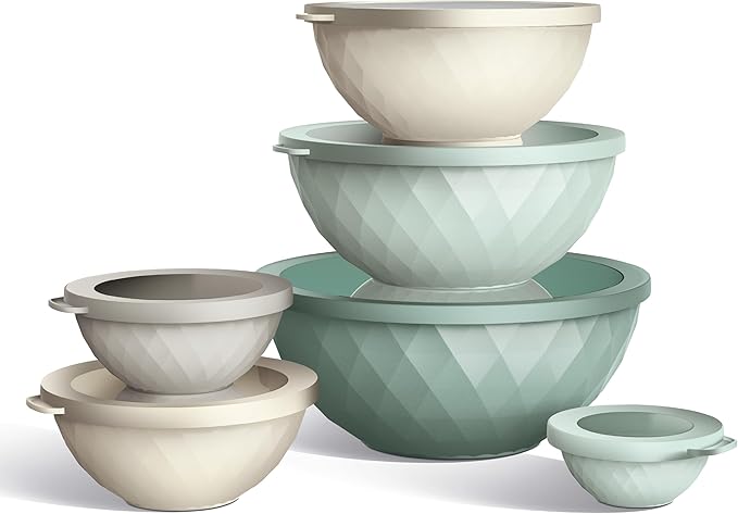 COOK WITH COLOR Mixing Bowls with Lids - 12 Piece Plastic Nesting Bowls Set includes 6 Prep Bowls and 6 Lids, Diamond Design - Microwave Safe (Mint)