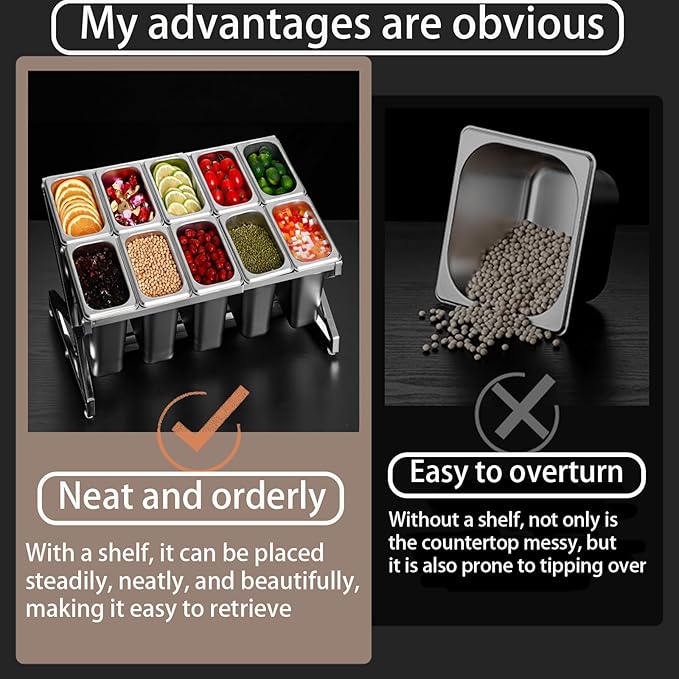 Two Tier Adjustable Stainless Steel Spice Organizer Set of 10 Pots with Spoons Commercial Kitchen Spice Rack Sauce Rack Buffet Counter Milk Tea Shop Multifunctional Shelf (Double Slant)