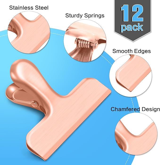 Chip Clips, 12 Pack Bag Clips, Stainless Steel Chip Clip, Metal Clip for Food, Air Tight Seal Great for Kitchen Home Office(Rose Gold)