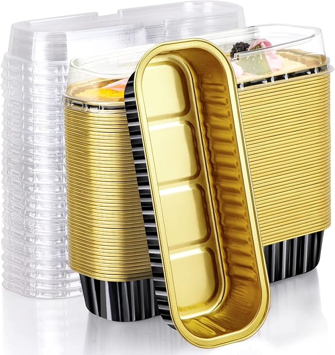 EUSOAR Baking Cups with Lids, 50pcs 6.8oz 6.5"x2.5"x1.2" Disposable Aluminum Foil Ramekins Baking Cups Mini Loaf Pan Tin with Lids,Cupcake Containers Wrappers Cheesecake Creme Brulee Ramekins Pan