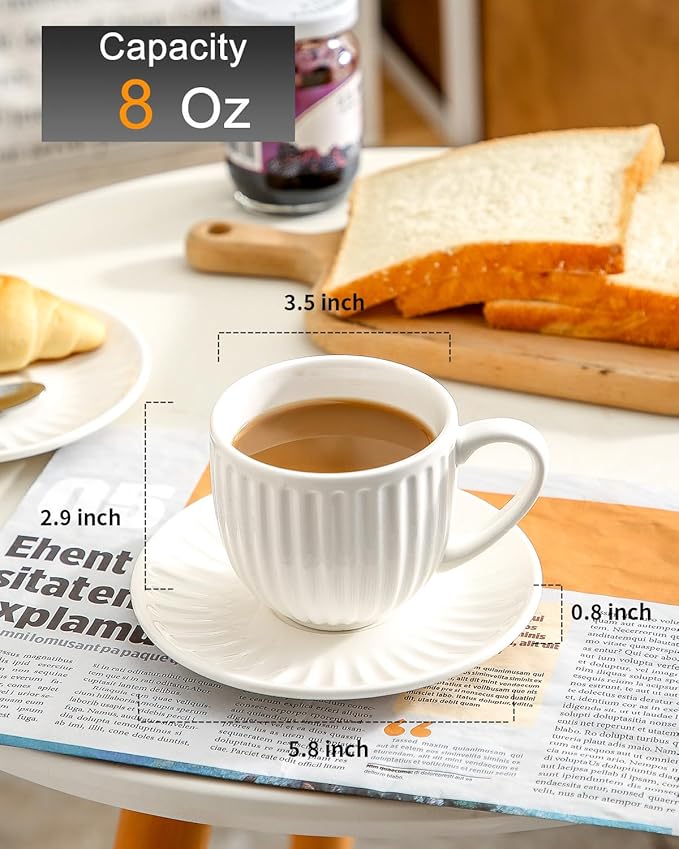 Hasense Ceramic Cappuccino Cups and Saucers - 8 Oz, Large Ribbed Latte Cups Set of 4 for Coffee,Tea,Latte and Macchiato, Demitasse Cups Set Aesthetic Gifty, White