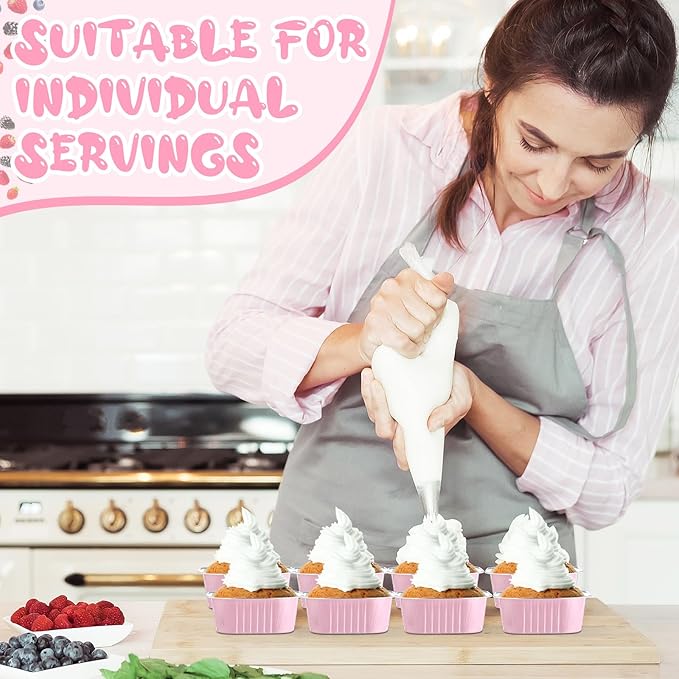 Aoriher 150 Pieces 10 oz Mini Cake Pans with Lids Aluminum Foil Baking Cups Square Disposable 4" x 4" Large Cupcake Cups Baking Tins for Kitchen Brownie Pudding Desserts Holders(Pink)