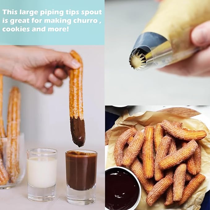Hendiy 3 Pieces Churro Piping Tip, Stainless Steel 9FT Large Piping Tips Churro Maker Icing Tips, Pastry Tips for Cake Decorating with 20Pcs Disposable Piping Bags