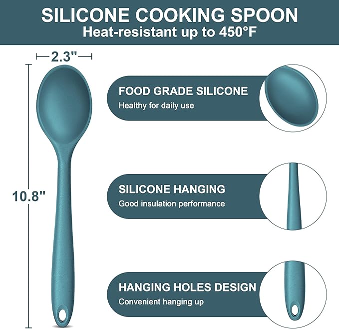 E-far Silicone Cooking Spoon Set of 2, Heat Resistant Kitchen Spoons Utensils Nonstick Mixing Spoon for Baking Stirring Serving, Non-Toxic & Dishwasher Safe (Blue)