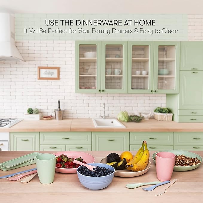 Wheat Straw Dinnerware Sets | Unbreakable Dinnerware Sets | Dishwasher Microwave Safe Dinnerware | Eco Friendly Non Breakable Dinnerware Sets | RV Outdoor Camping (Multi, Service for 4 (28 pcs))