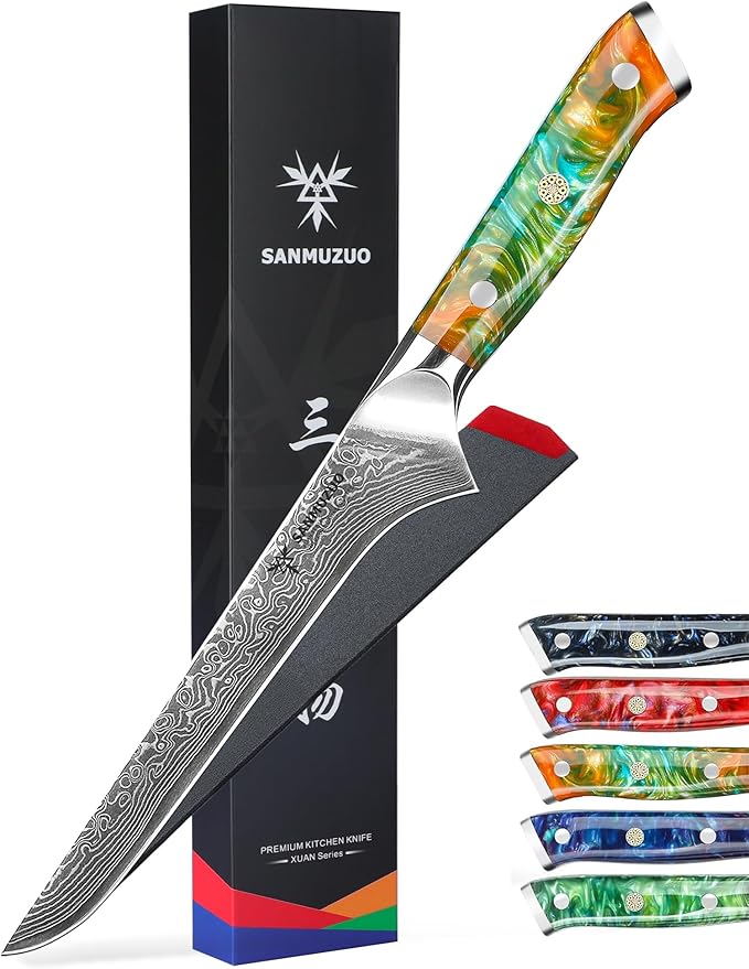 7 inch Fillet Knife, VG10 Damascus Steel Fish Boning Knife with Resin Handle - Xuan Series (Fantasy Orange)
