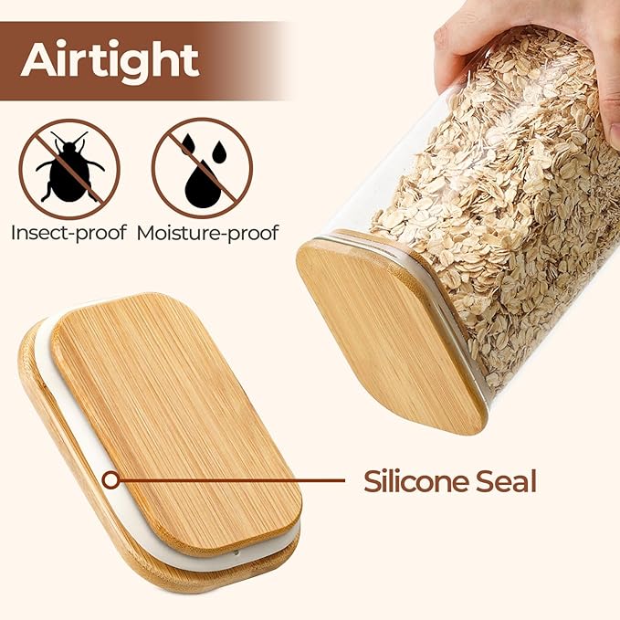 ComSaf 0.7 Qt Rectangle Glass Storage Containers with Lids, Glass Jars with Bamboo Lids, Clear Food Jar, Sugar Coffee Containers, Small Pantry Storage Container for Tea Candy Nuts Spices Oat