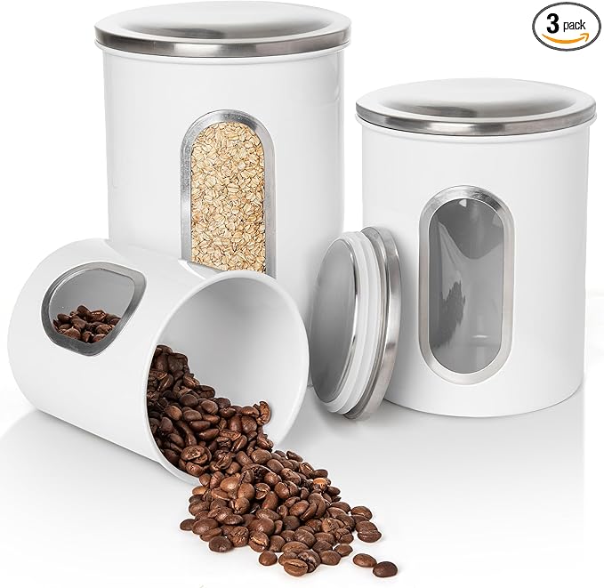Mixpresso 3-Piece White Canisters Sets For The Kitchen, Airtight Canister Set With See Through Window, Storage Jars for Coffee Container, Tea Organizer & Sugar Canister, White Kitchen Canisters