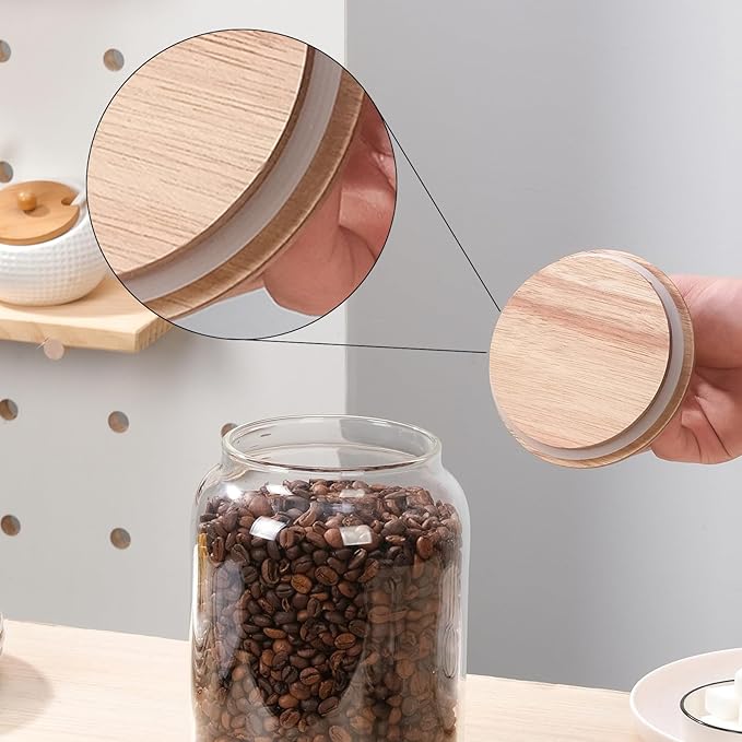 WHJY 2 pack 1/2 Gallon Glass Jars with Wood Lids Flour Sugar Storage Containers for Kitchen Pantry Large Airtight Clear Canister for Coffee Bean Snacks Dried Goods