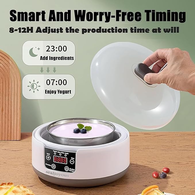 Genuine sealjoyous Yogurt Maker 1-36 hours multi-functional constant temperature yogurt machine,32-45 degrees adjustable, automatic digital LCD display 1.2 liters capacity(With 5 Cups)